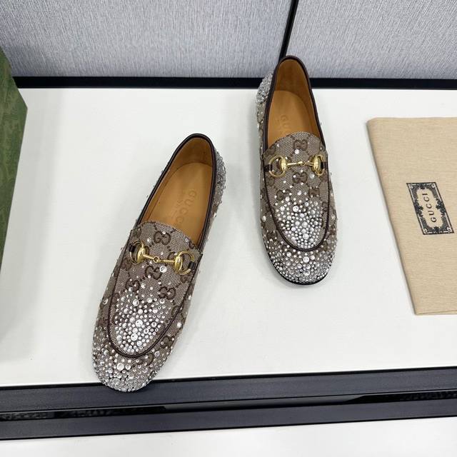 Factory P price Gucc* Classic rhinestone horsebit half-slipper loafers series It