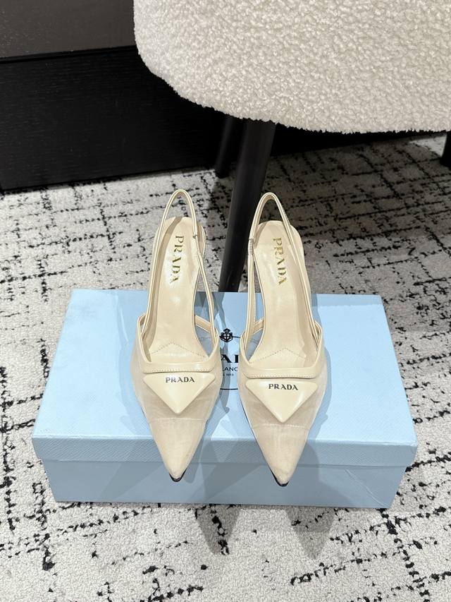Prada 25 Prada Spring/Summer new mesh fabric back strap pointed high heels This