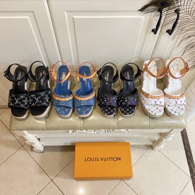 factory price P, Louis Vuitton new straw wedge sandals, classic monogram embroid