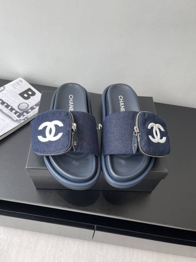 Chanel Chanel summer new Velcro denim bread slippers Foam bottom material with e