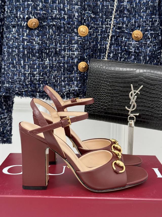 Factory price Gucci classic horsebit fashion thick heel sandals series original