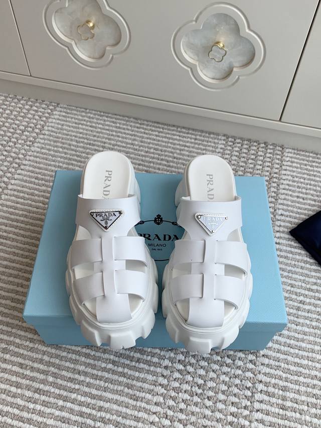 Prada triangle thick-soled Roman rubber sandals The unique Monolith sole present