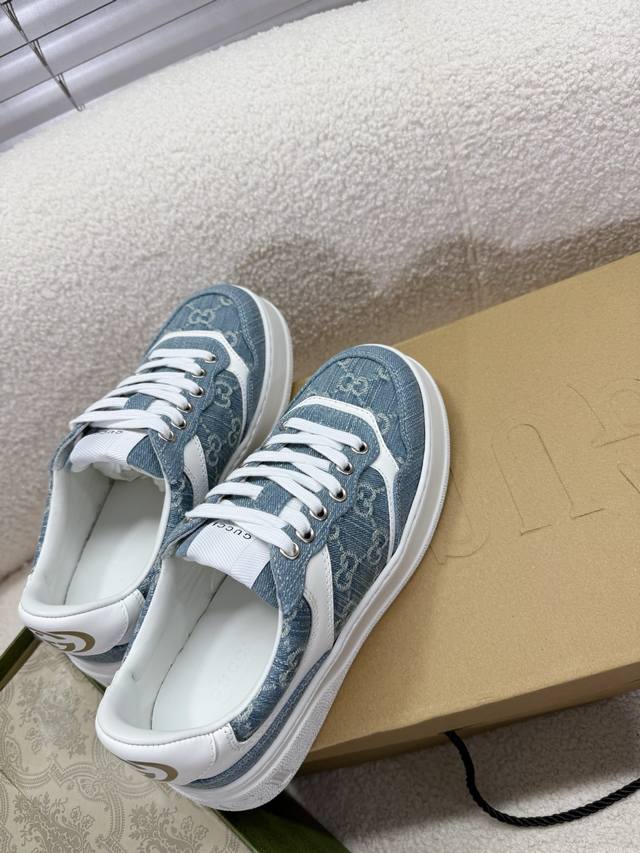 Gucci Spring and Summer latest couple style denim blue thick-soled shoes, biscui