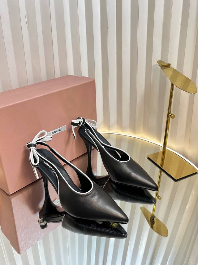 Miumiu Miu Miu 25Ss Spring and Summer New Retro Bow Pointed High Heel Sandals Fr