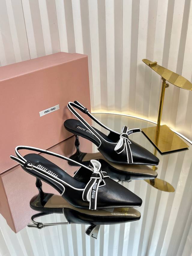 Miumiu Miu Miu 25Ss Spring and Summer New Retro Bow Pointed High Heel Sandals Fr