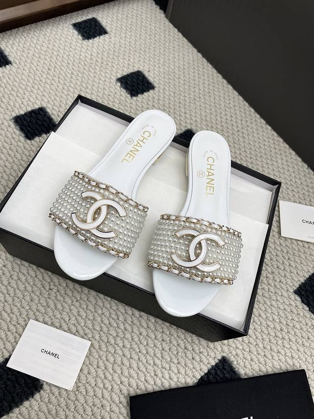 Top version Chanel 25 early spring new double C flat pearl slippers Xiaohongshu
