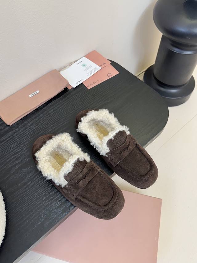 Miumiu*Miumiu thick-soled 2025 new British style wool loafers and cotton shoes L