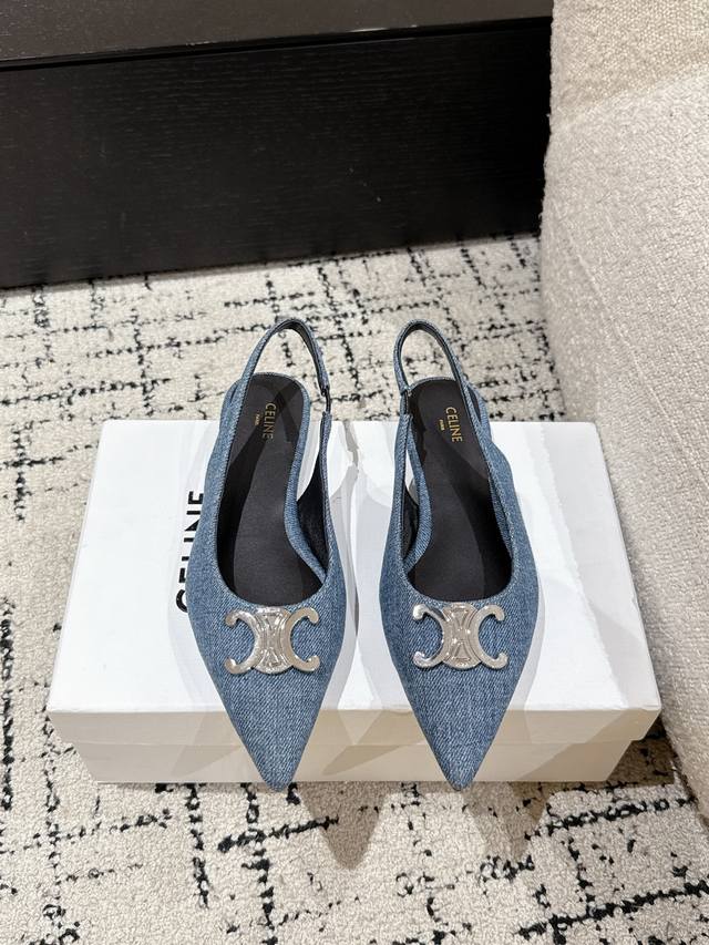 Celine 25 New summer color Arc de Triomphe denim flat kitten heel sandals Metal