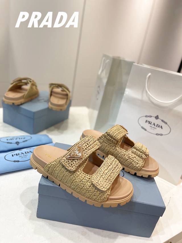 Factory Price P Prada's new woven shoes, straw sandals! This year's popular str