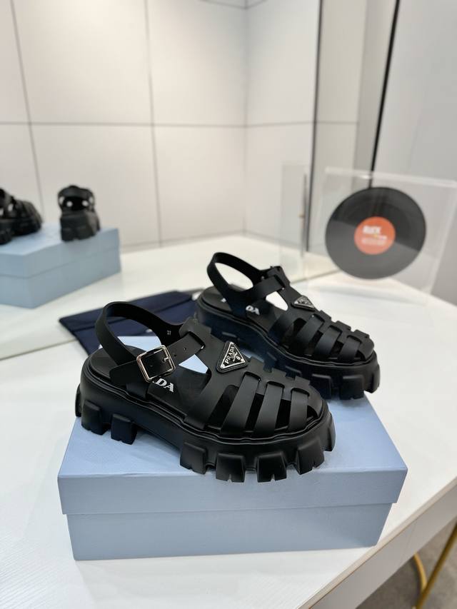Factory P price Prada rubber triangle logo serrated thick-soled sandals and beac