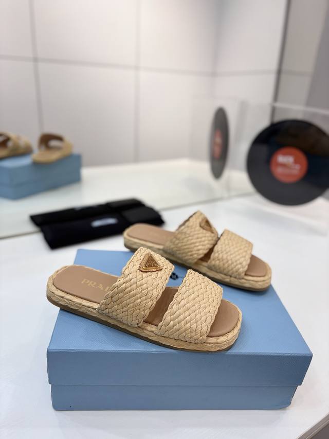 Factory P Price Prada Woven Slippers New Spring and Summer Stunning Raffia Stra
