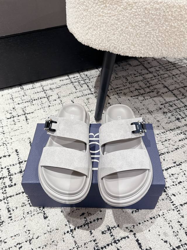 Men's top version Dior 25 Summer Newest Aqua Suede Flat Open Toe Slippers Men's