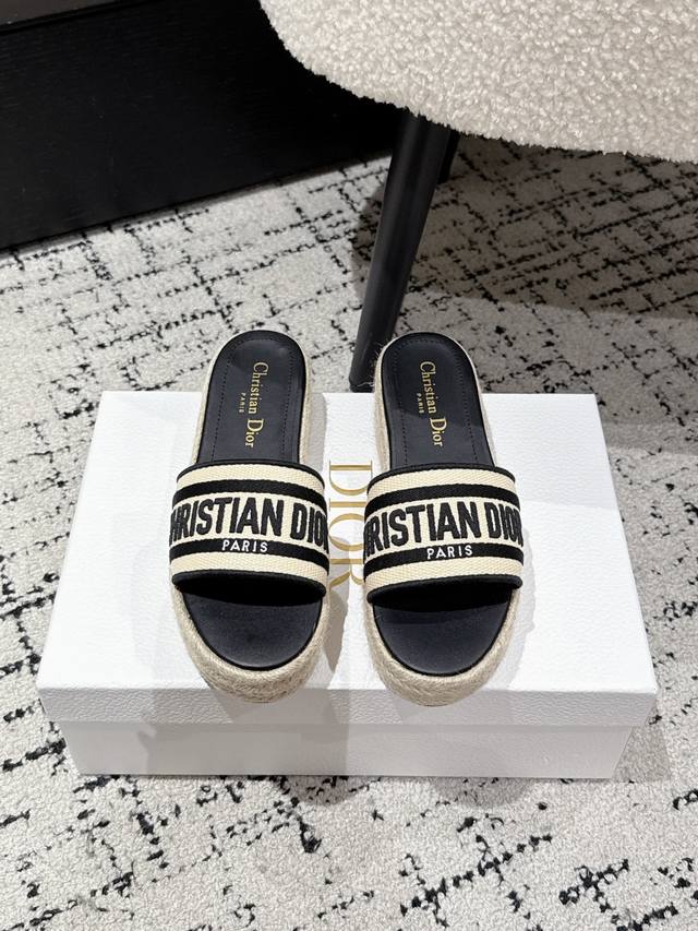 Purchasing level Dior 25 Dway fabric embroidered logo open toe 7cm thick sole o