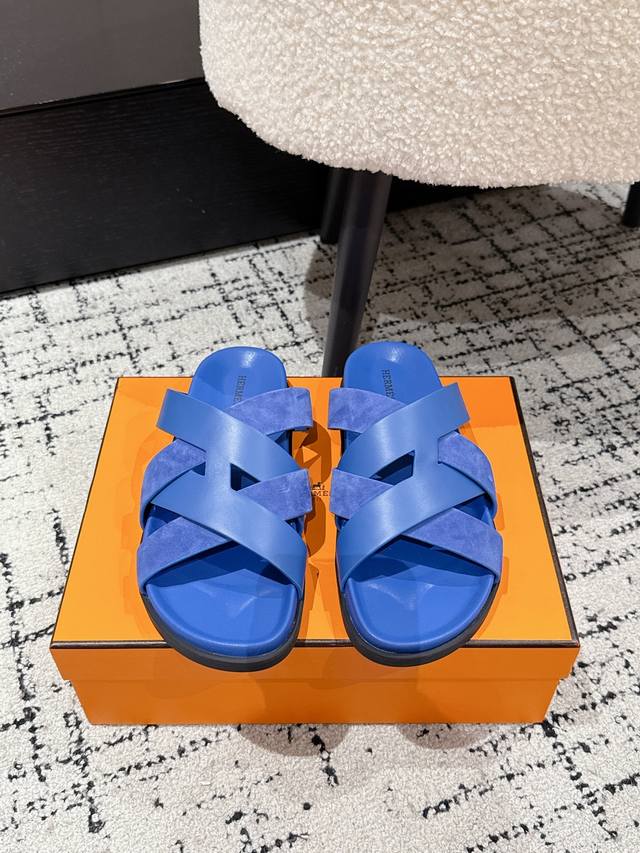 Couple style Hermes 25 Kazimir series cross strap sandals retro slippers Origina