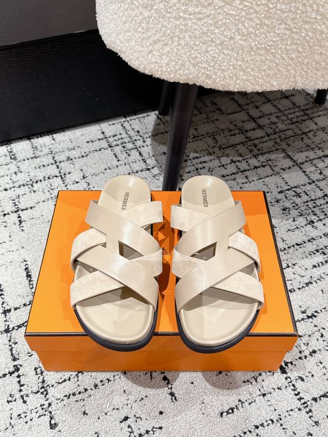 Couple style Hermes 25 Kazimir series cross strap sandals retro slippers Origina