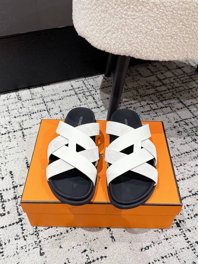 Couple style Hermes 25 Kazimir series cross strap sandals retro slippers Origina