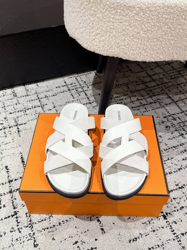 Couple style Hermes 25 Kazimir series cross strap sandals retro slippers Origina