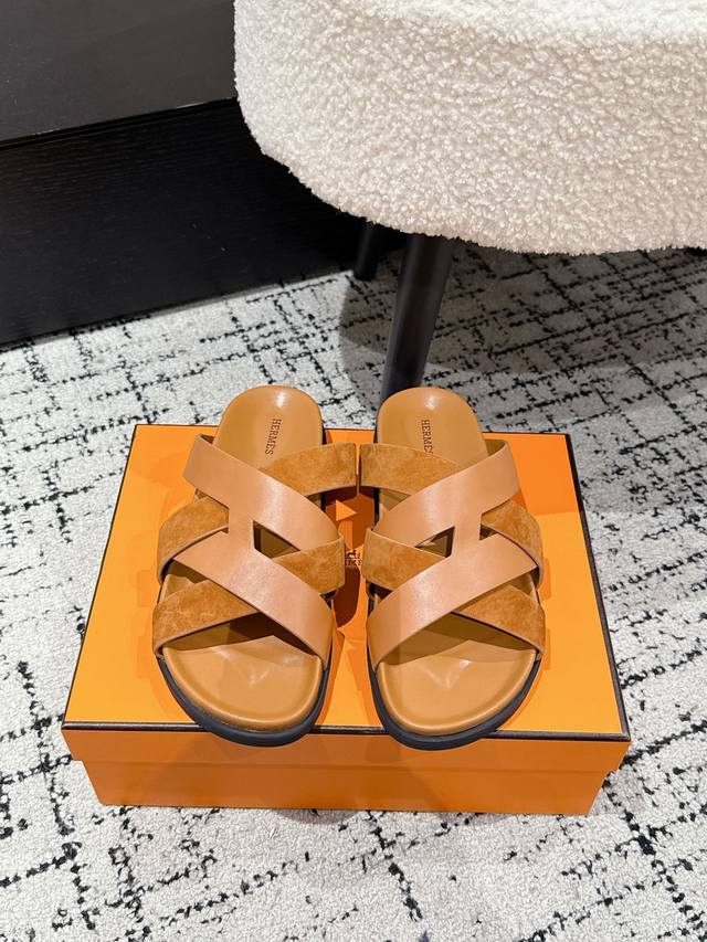 Couple style Hermes 25 Kazimir series cross strap sandals retro slippers Origina