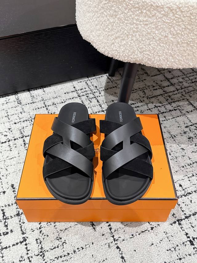 Couple style Hermes 25 Kazimir series cross strap sandals retro slippers Origina