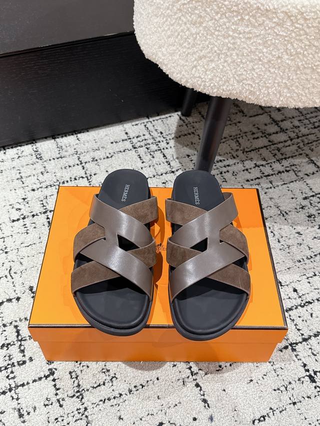 Couple style Hermes 25 Kazimir series cross strap sandals retro slippers Origina