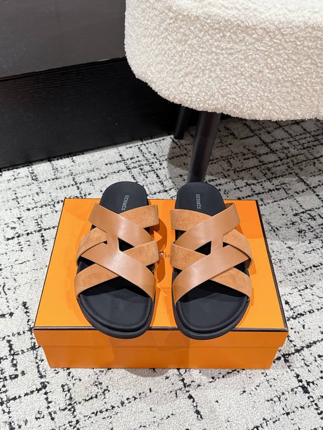 Couple style Hermes 25 Kazimir series cross strap sandals retro slippers Origina