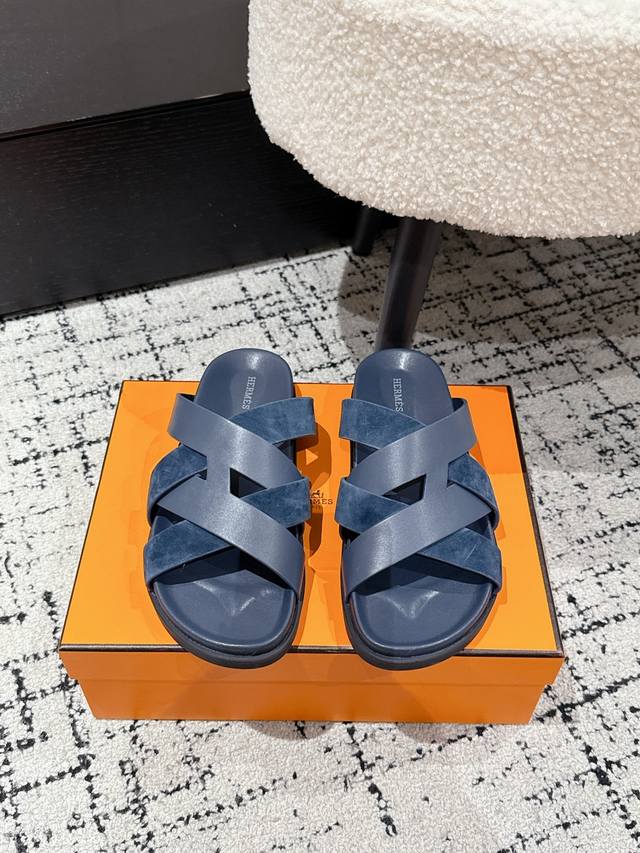 Couple style Hermes 25 Kazimir series cross strap sandals retro slippers Origina