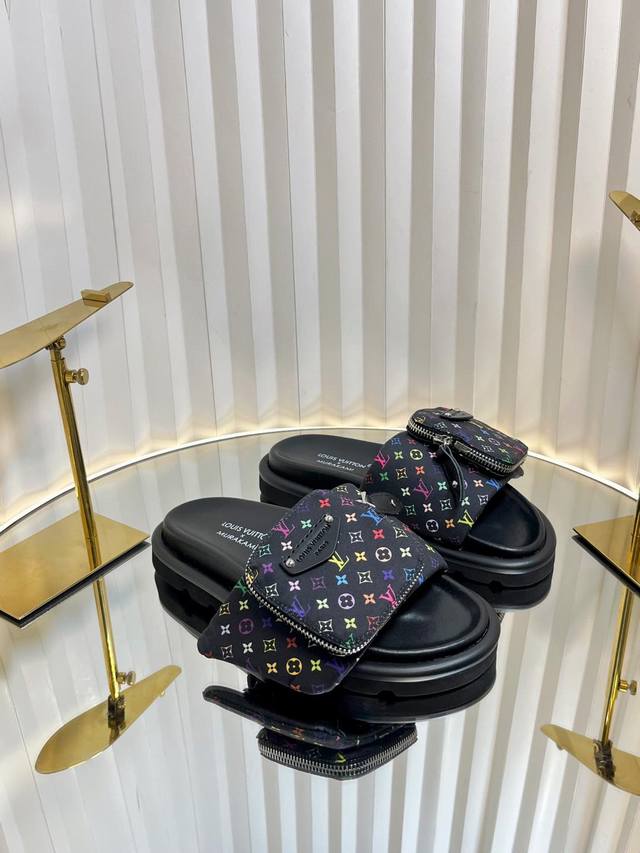 Lv 2025 popular embossed logo sandals Pool Pillow Comfort flat sandals Made of h