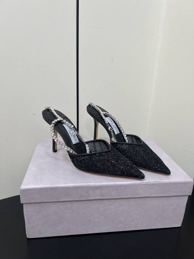 Jimmychoo New Y-chain high-heeled sandals mesh pointed toe shoes Upper: imported
