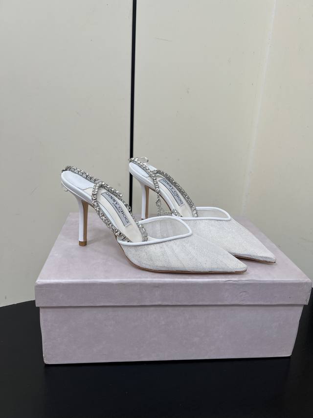 Jimmychoo new Y-chain high-heeled sandals mesh pointed toe shoes Upper: imported