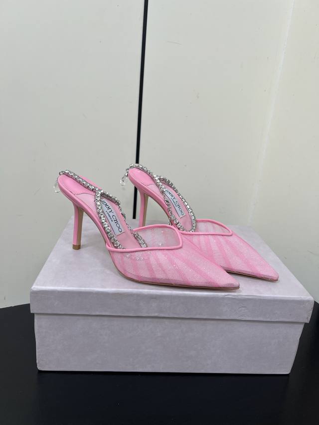 Jimmychoo New Y-chain high-heeled sandals mesh pointed toe shoes Upper: imported