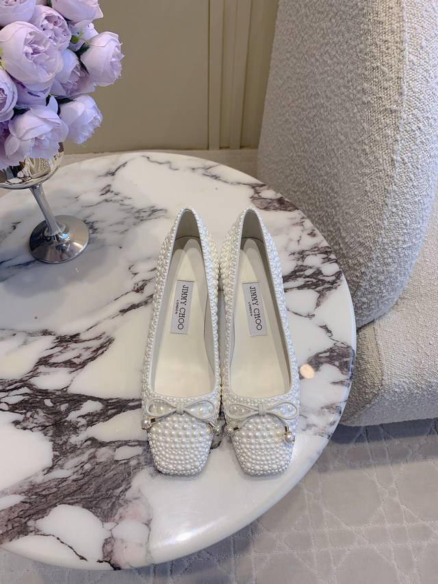 factory price P Jimmy Cho* new bow pearl thick heel single shoes, super heavy pe
