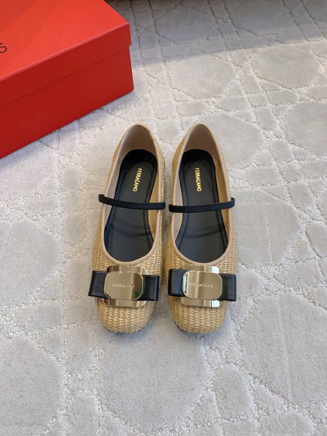factory price P Ferragam* new straw Mary Jane ballet shoes are very exquisitely