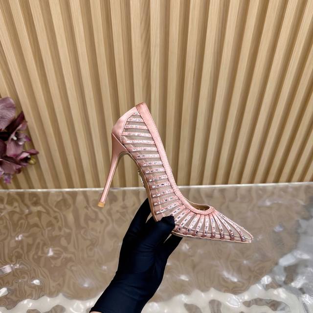 Aquazzura Pineapple brand 2025 new mesh rhinestone hollow silk high-heeled sanda