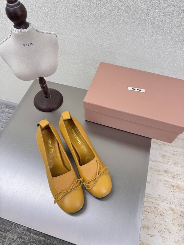 Square heel Miu'miu 25 autumn shoes comfortable elastic with small bow series T