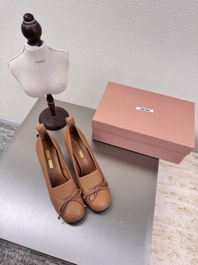 Square heel Miu'miu 25 autumn shoes comfortable elastic with small bow series K