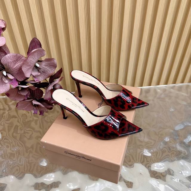 Gianvito Rossi 2025 classic pointed sequin leopard print high heels half slipper