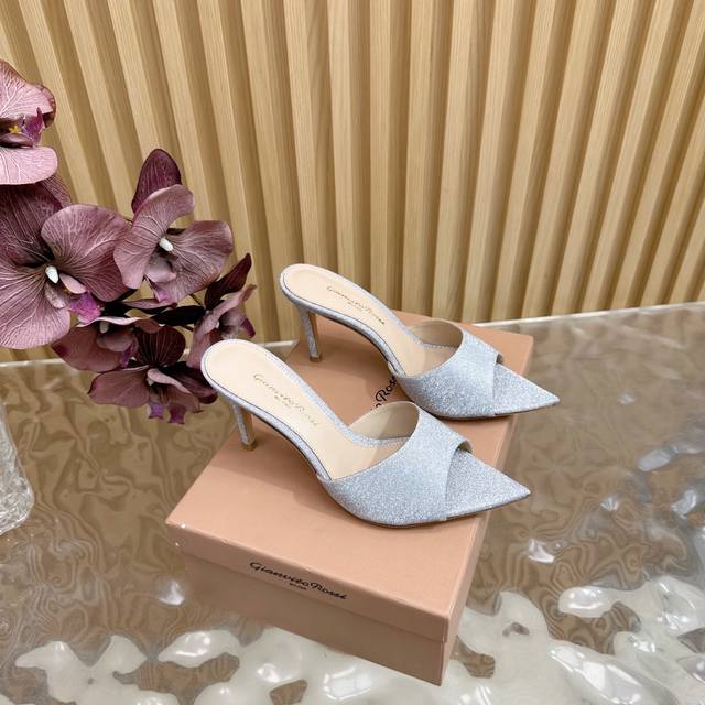 Gianvito Rossi 2025 classic pointed sequin leopard print high heels half slip It