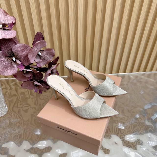 Gianvito Rossi 2025 classic pointed sequin leopard print high heels half slip It