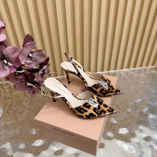 Gianvito Rossi 2025 classic pointed sequin leopard print high heels half slip It