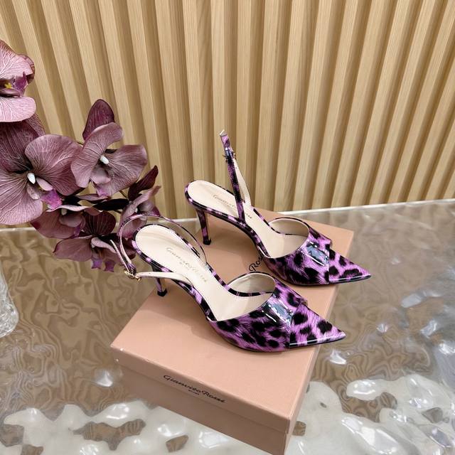 Gianvito Rossi 2025 classic pointed sequin leopard print high heels half slip It