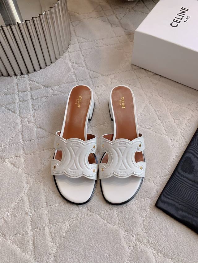 Factory price P Celin* New thick heel sandals Classic Logo buckle decoration Si
