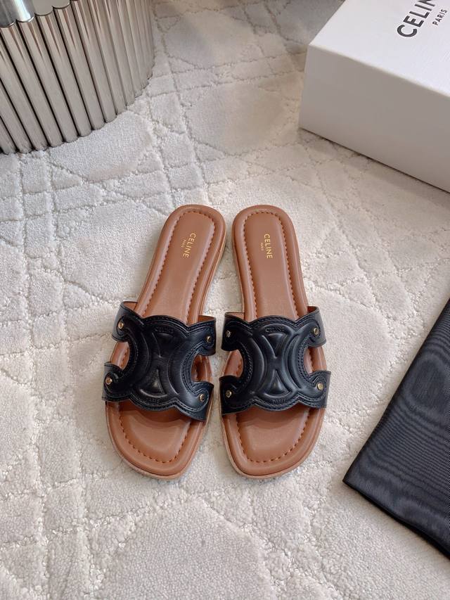 Factory price P Celin* New thick heel sandals Classic Logo buckle decoration Si