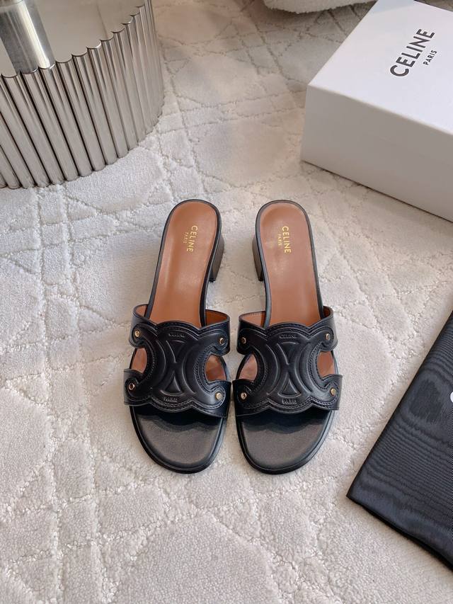 Factory price P Celin* New thick heel sandals Classic Logo buckle decoration Si