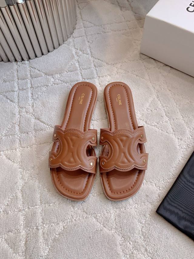 Factory price P Celin* New thick heel sandals Classic Logo buckle decoration Si