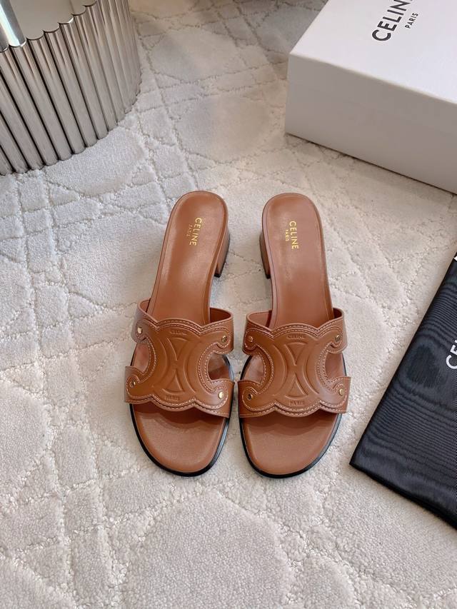 Factory price P Celin* New thick heel sandals Classic Logo buckle decoration Si