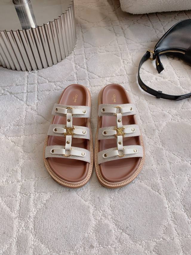 Factory price P Celin* New thick-soled slippers Classic Logo buckle decoration