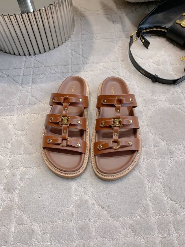 Factory price P Celin* New thick-soled slippers Classic Logo buckle decoration