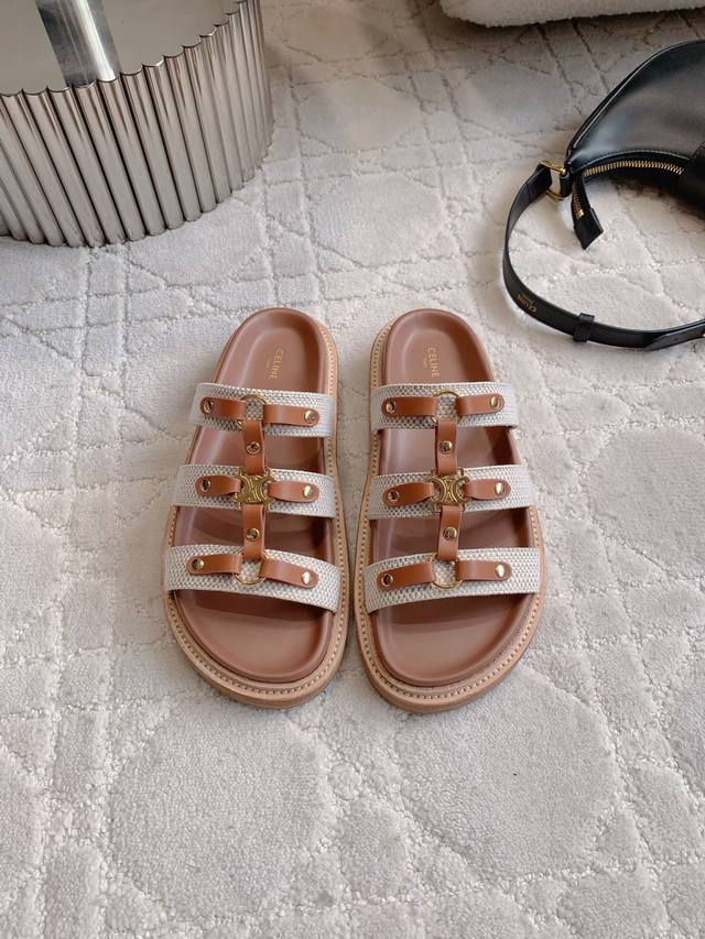 Factory price P Celin* New thick-soled slippers Classic Logo buckle decoration