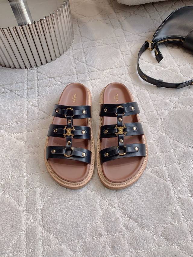 Factory price P Celin* New thick-soled slippers Classic Logo buckle decoration