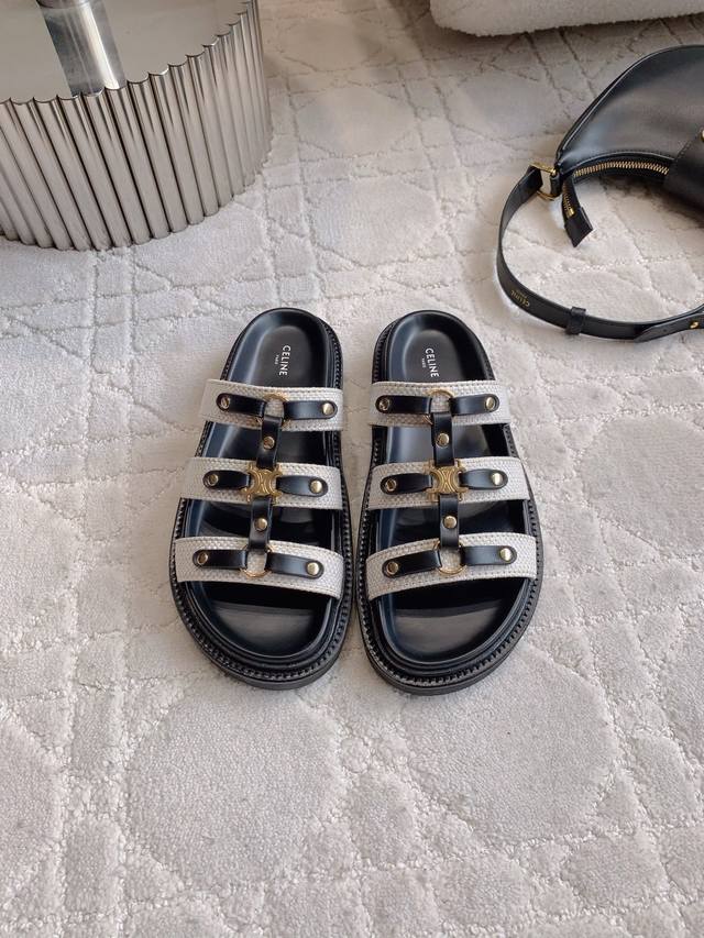 Factory price P Celin* New thick-soled slippers Classic Logo buckle decoration